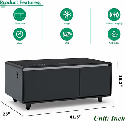 Smart Coffee Table with Fridge and Bluetooth Speakers, Smart Refrigerator Table with 15W Wireless Charger, Touch Control Panel, USB Port, Atmosphere Light and More, LT90 Pro-Black