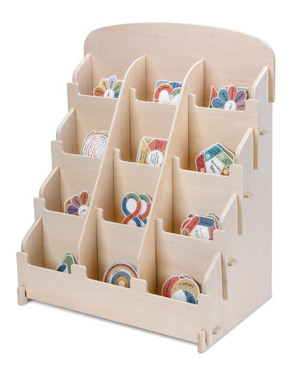 UCEC Wooden Sticker Display Stand - 4 Tier 12 Pockets Adjustable Card Display Stand for Vendors - Portable Rustic Greeting Card Organizer for Craft Shows, Stickers, Postcards & Small Business Retail