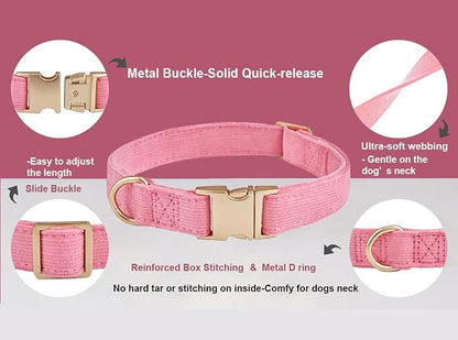 Soft Corduroy Dog Collar and Leash Set Adjustable Durable Dog Collars with Metal Buckle and Lead for Female Large Dogs,Hot Pink