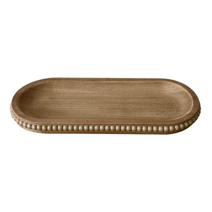 dwellington Wooden Farmhouse Decorative Tray, 11.8in Rustic Beaded Tray for Living Room Decor, Kitchen Table Décor, Oval Coffee Table Serving Tray (Natural)