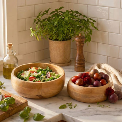 Round Wood Salad Bowl Set, Mango Wood, Small 11 Inch and Large 13 Inch, Natural Finish, Serving Bowls for Fruits and Salads (Set of 2)