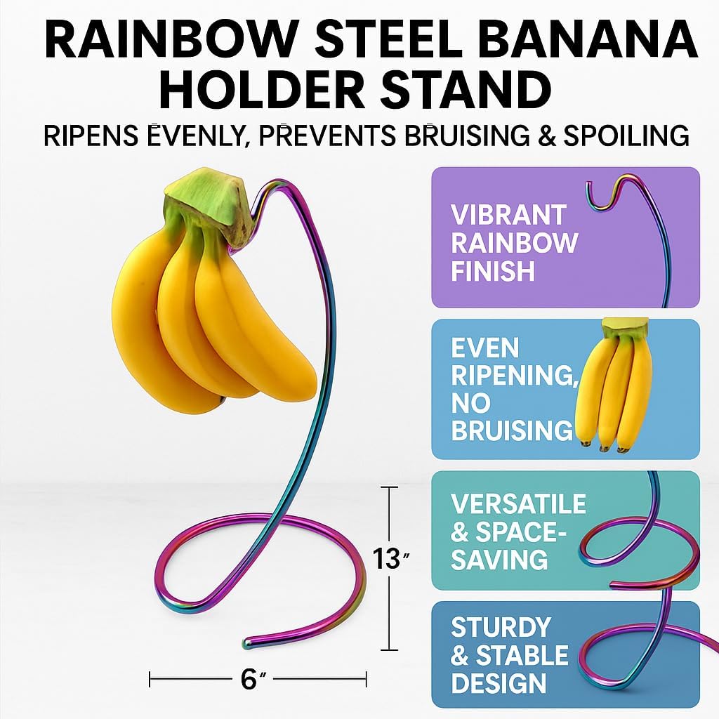 Rainbow Steel Banana Holder Stand – Hanging Fruit Rack for Even Ripening, Prevents Bruising – Compact 13" Kitchen Organizer for Bananas, Grapes, Produce – Durable & Decorative