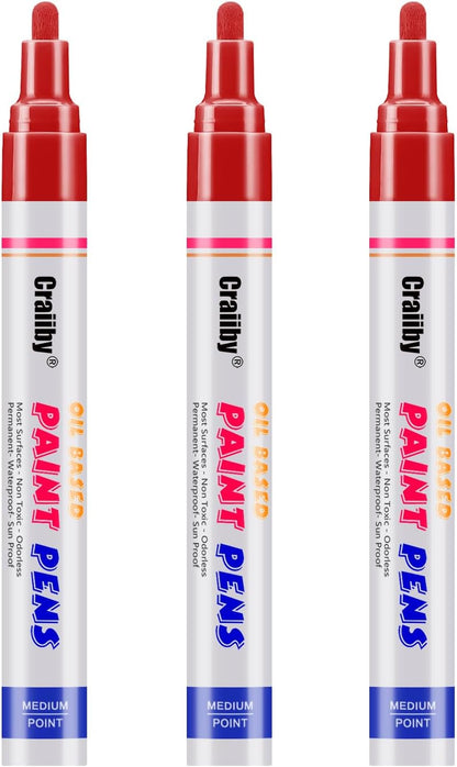 Red Paint Markers, 3 Pack Oil-Based Waterproof Quick Dry Permanent Paint Pen Set for Rocks Painting, Wood, Fabric, Plastic, Canvas, Glass, Mugs, Metal, Tire, Stone, DIY Craft