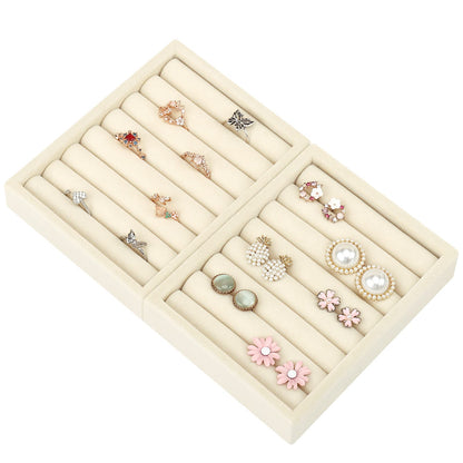 DesignSter Small Jewelry Tray-Ring Organizer 2PCS Premium Velvet Rings Earrings Display Tray Storage Insert Holder for Jewelry Box, Drawer, Dresser (8 Slots, Beige)
