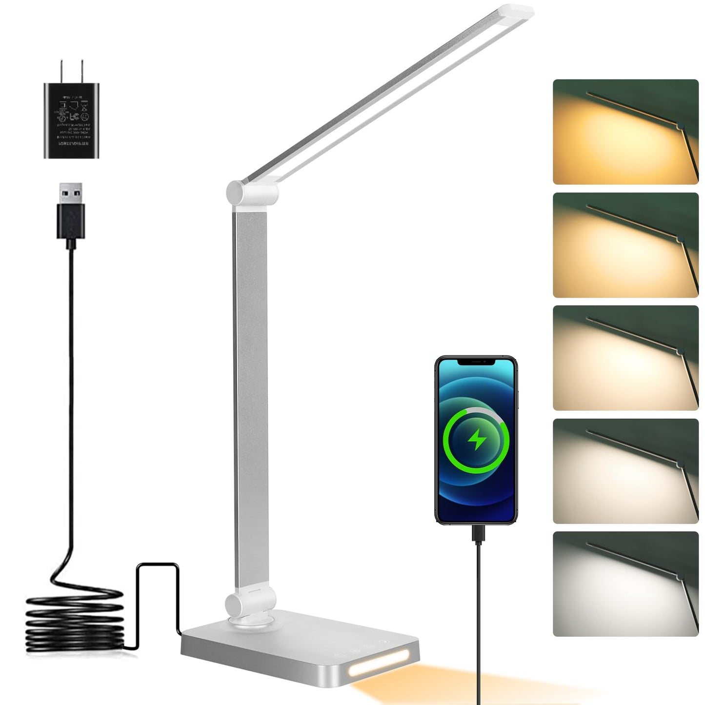 LED Desk Lamp with USB Ports,Touch Desk Lamps for Home Office with 5 Color Modes,3 Brightness Desk Light with Small Night Light,Reading Lamp Table Lamp for Bedroom Bedside Study Black （with adapter）
