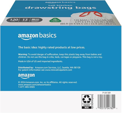 Amazon Basics 13 Gallon Tall Kitchen Drawstring Trash Bags, 10% Post Consumer