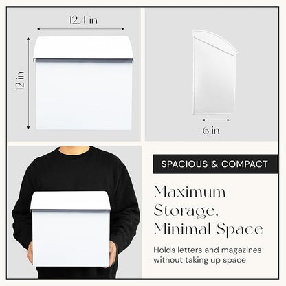NACH Large Mailbox for House, 12.4”x7.1”x11.8 White Mailboxes for Outside, Waterproof Mailbox - Baxter-Style Wall Mount Mailboxes for Outside