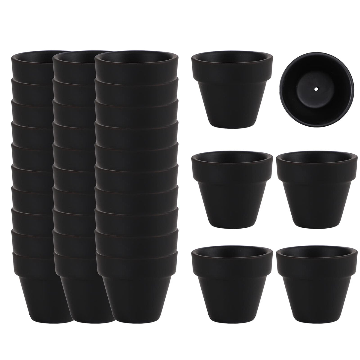 36 Mini Black Flower Pots, 2 inch Clay, Cactus & Succulent Nursery Pots with Drainage, Indoor/Outdoor