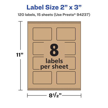 Avery Kraft Brown Rectangle Labels, Sure Feed Technology, 2" x 3", 120 Kraft Brown Labels, Print-to-The-Edge, Laser/Inkjet Printable