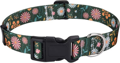 Mihqy Dog Collar with Bohemia Floral Tribal Geometric Patterns - Soft Ethnic Style Collar Adjustable for Small Medium Large Dogs(Dark Green Flower,M)
