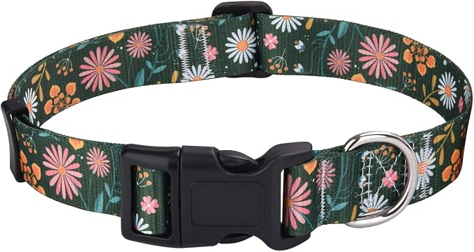 Mihqy Dog Collar with Bohemia Floral Tribal Geometric Patterns - Soft Ethnic Style Collar Adjustable for Small Medium Large Dogs(Dark Green Flower,L)