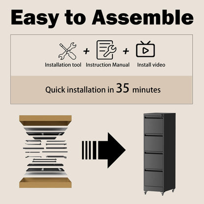 FOSTOKO File Cabinet with Lock, 4 Drawers Filing Cabient with Wheel, Steel Vertical Filing Storage Cabinet for Home Office, Heavy-Duty File Cabinets for Letters/Legal/A4 (Require Assembly, Black)