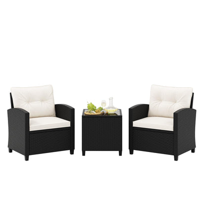 Tangkula 3 Piece Patio Furniture Set, Rattan Conversation Set w/Soft Seat & Back Cushions, Tempered Glass Topped Coffee Table, Cushioned Wicker Seating Set for Backyard, Porch, Poolside (Off White)