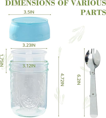 Miuyhji 4 Pack Overnight Oats Containers with Lids, Chia Seed Pudding Jars with Folding Spoons & Divided Compartments for Fruit & Nuts, 16oz Glass Mason Jars for Oatmeal Yogurt Meal Prep Parfait