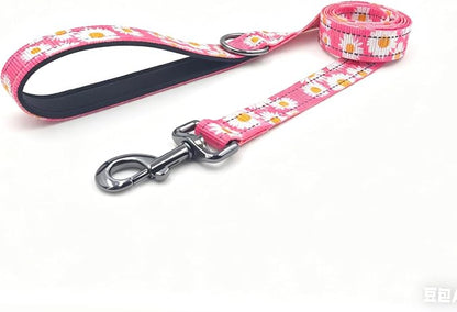 Dog Collar Leash Set, Floral Pattern, with Safety Reflective Strips, 5 ft Matching Leash, Neoprene Padded Handle, Adjustable 4 Sizes for Small Medium Large Dogs.(L, Pink Daisy)