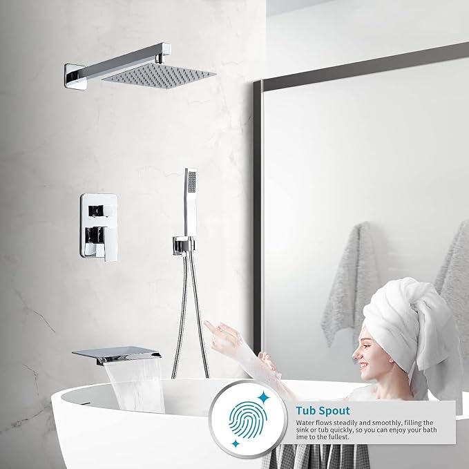 Chrome Shower Faucet Set with Tub Spout 10 Inch, Shower Head and Handle Set with 2 Hooks, Tub and Shower Faucet Combo, Rain Shower and Handheld Shower System Square Wall Mount for Bathroom