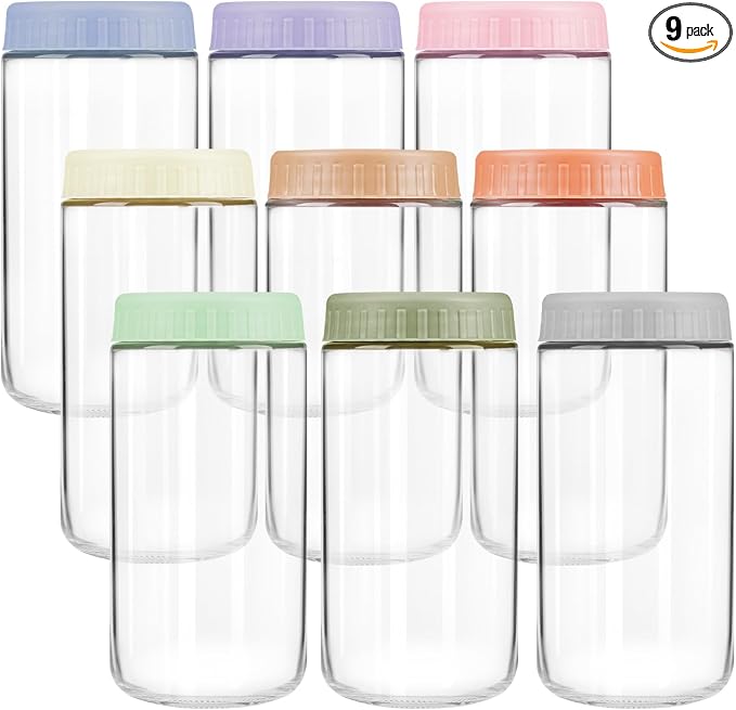 Overnight Oats Containers with Lids, 24oz Wide Mouth Mason Jars with Lids, 9 Pack Glass Jars with Airtight lid for Chia Pudding Yogurt Salad, Meal Prer Oatmeal Jars