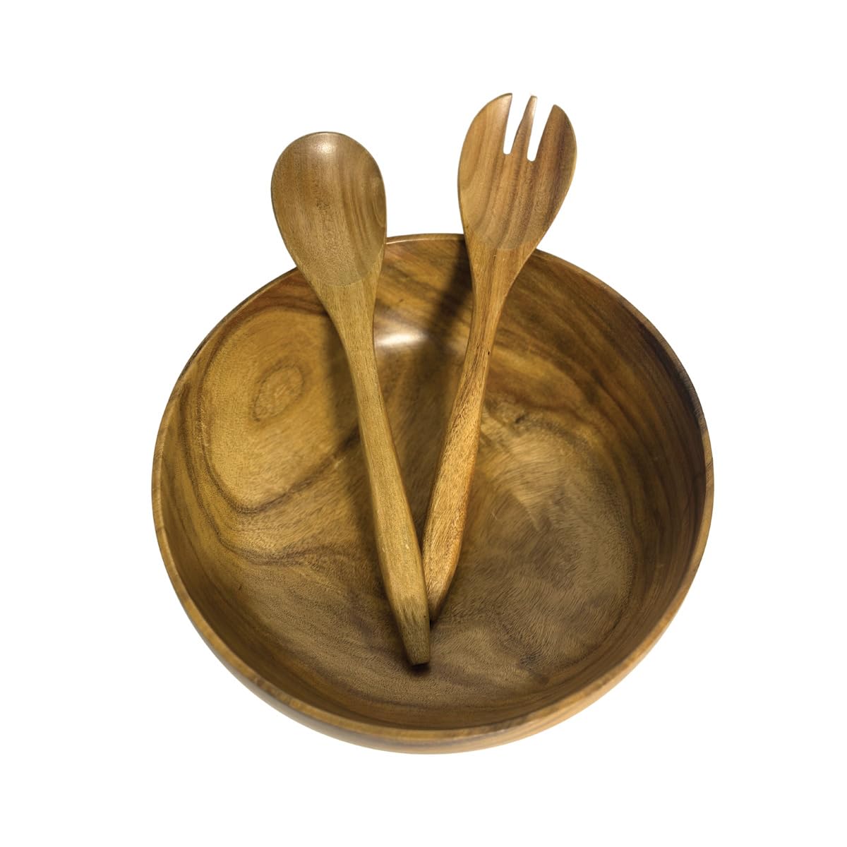11.5 inches Acacia Wood Salad Bowl Set with 1 set spoon and fork, in a gift box, made from one pc solid acacia wood, made in Vietnam.