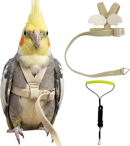 Adjustable Bird Harness with Elastic Leash, Pet Parrot Harness and Leash, Adjustable Training Design Anti-Bite, Bird Nylon Rope with Cute Wing for Conure (Beige,2M)
