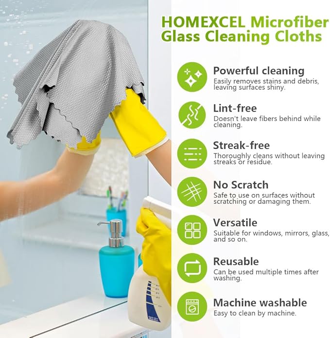 HOMEXCEL Grey Microfiber Glass Cleaning Cloths-6PK, Stainless Steel, Premium