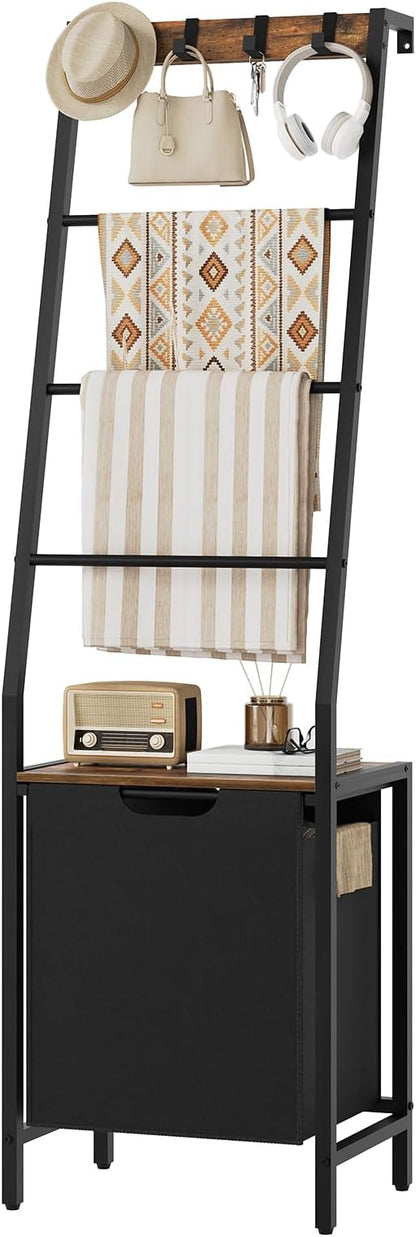 MAHANCRIS Blanket Ladder, 4-Tier Towel Rack with Pull-Out Laundry Basket & Removable Hooks, Ladder Shelf Stand, Wall-Leaning Blanket Rack for Living Room, Bedroom, Rustic Brown and Black TRHR4401
