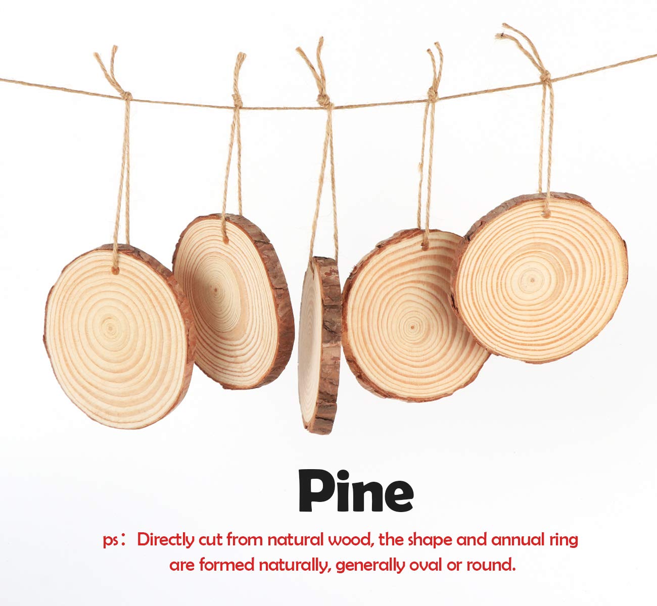 ilauke Natural Wood Slices 30Pcs 3.1''-3.5'' Unfinished Wood Crafts with Pre-drilled Hole, Wood Slices Ornaments for DIY Rustic Christmas Crafts Wooden Circles Coasters Wedding Decor, 33 Feet Twine
