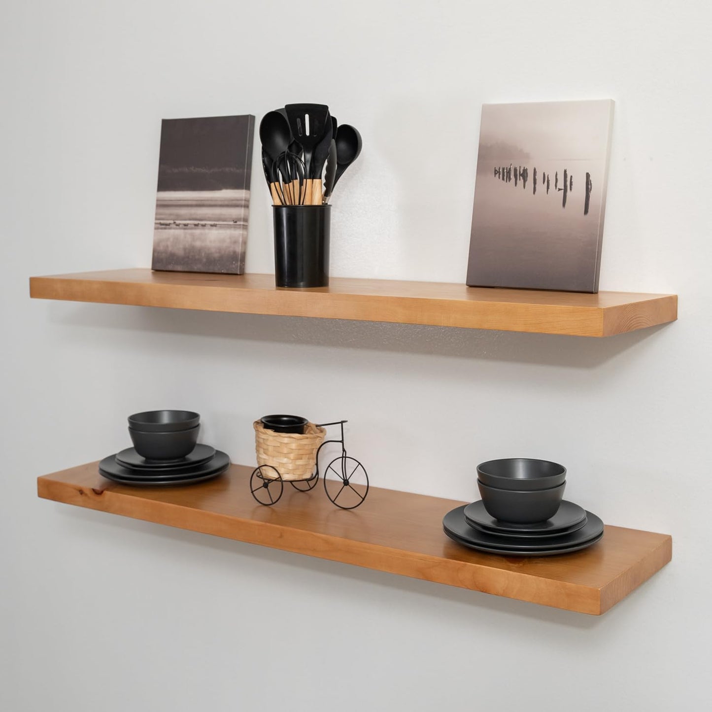 URBANDI, Rustic Floating Shelves, Set of 2, Hidden Bracket, Solid Wood, Heavy Duty, Wall Mounted Shelves, (Brown, 24Wx6D)