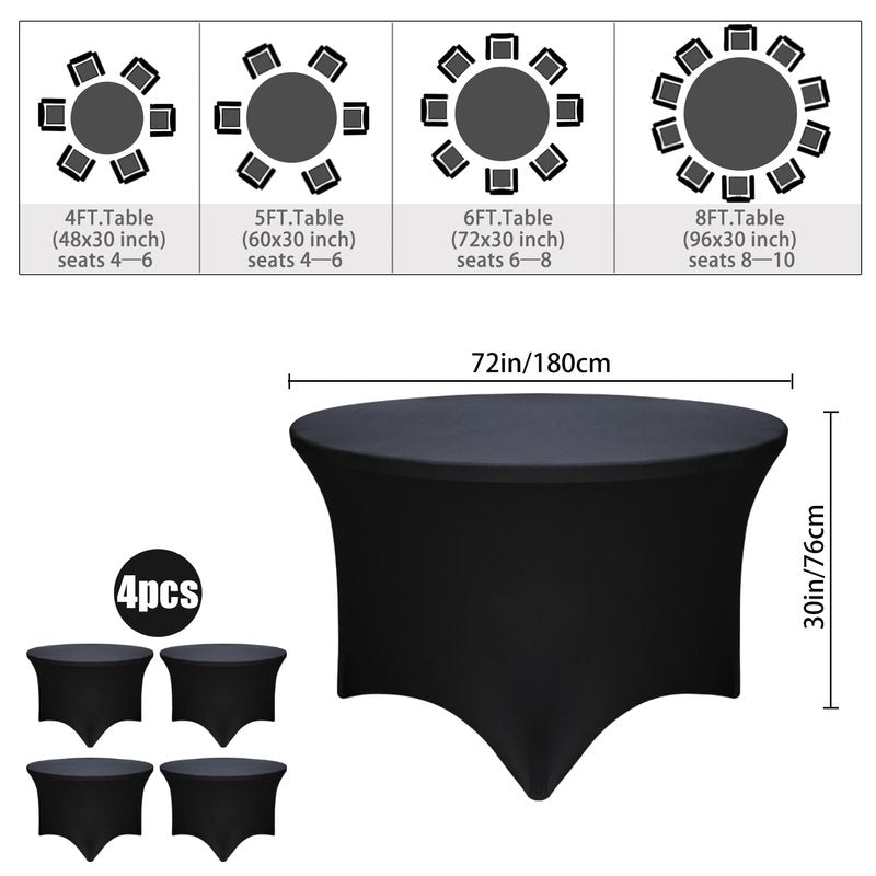 4 Pack Black 72-Inch Diameter x 30-Inch High Round Spandex Tablecloth for 6FT Round Tables|Fitted Stretch Tablecloth with Foot Bag for Party, Wedding, Birthday, Banquet, Vendor Stand
