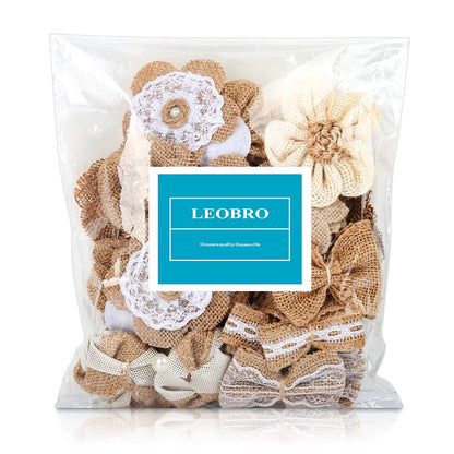 LEOBRO 33PCS Handmade Burlap Flowers Set, 8 Styles Rustic Artificial Flowers & 3 Styles Craft Burlap Lace Pearl Bowknot, for Wedding Home Decoration Christmas Party DIY Craft Bouquets