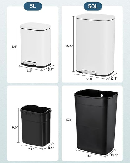 Arlopu 13.2+1.3 Gallon Step Trash Can, Stainless Steel Garbage Bin, Soft-Close Rubbish Bin with Removable Plastic Inner Bucket, Fingerprint-Proof, Lid Dustbin, for Kitchen Home (White)
