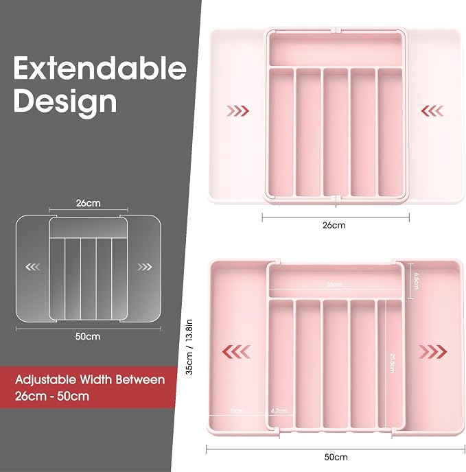 Aujen Silverware Organizer - Expandable Kitchen Drawer Organizer, Adjustable Utensil Organizer, Cutlery Tray for Forks, Knives, Multipurpose Kitchen Organizers and Storage Solution, Pink, Large