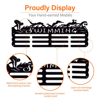 SUPERDANT Swimming Medal Holder Display Hanger Rack Sports Metal Wall Mount Ribbon Award Holder Display Rack Swim Race Medal Hanging Organizer Gifts for Kids Athletes Swimmer 15.75x6in