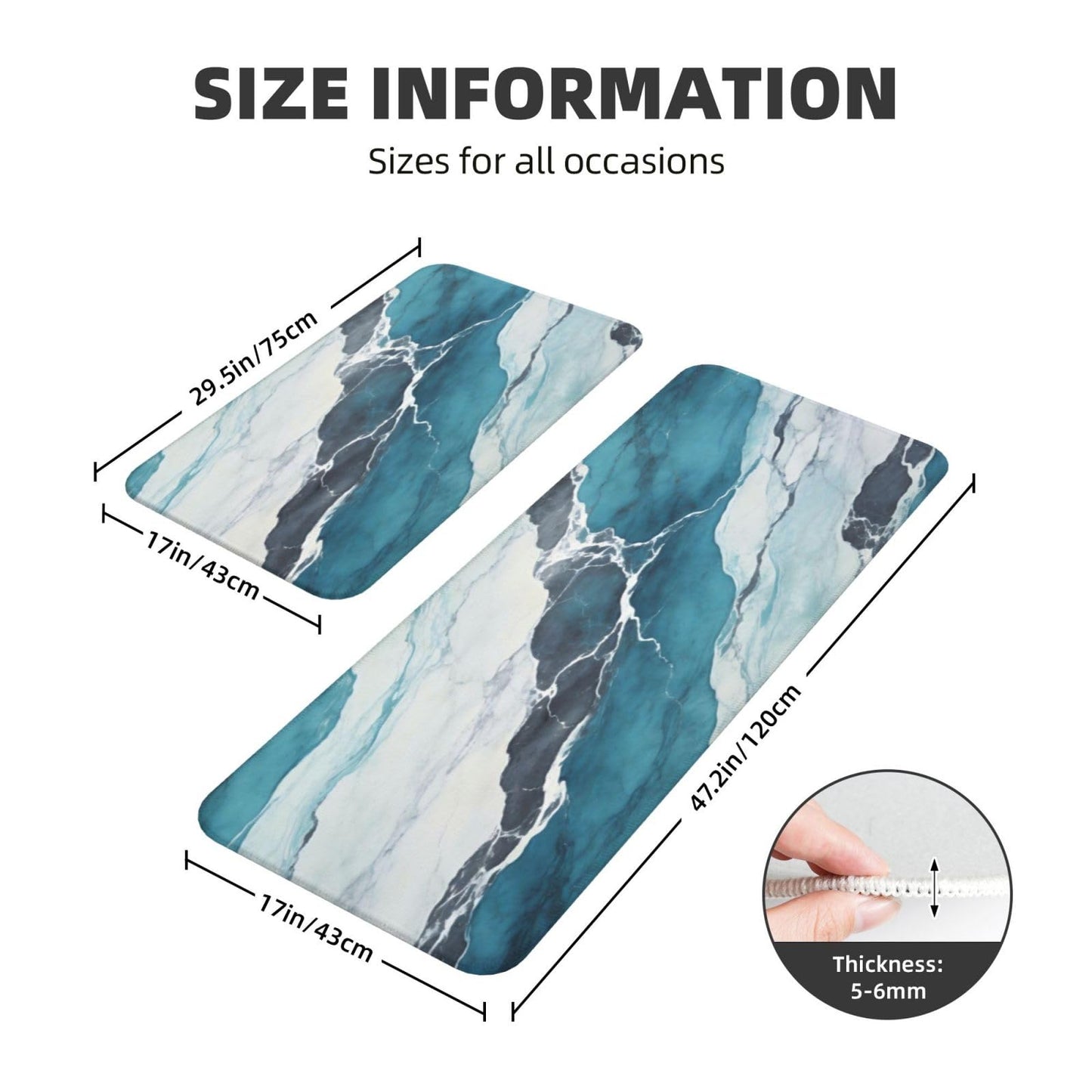 Scczsin White Turquoise Marble Kitchen Rugs Microfiber Floor Mats Cushioned Carpet Runner Rug for Laundry Bathroom Living Room, 2 Piece Set 17"X 47" + 17"X 30"