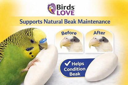Birds LOVE 7.5-8" Cuttlebone for Birds – 100% Natural Sun-Dried Calcium Carbonate Mineral Supplement – for Parakeets, Budgies, Cockatiels, Finches & Canaries – 12 Pack with Holder – Made in Vietnam