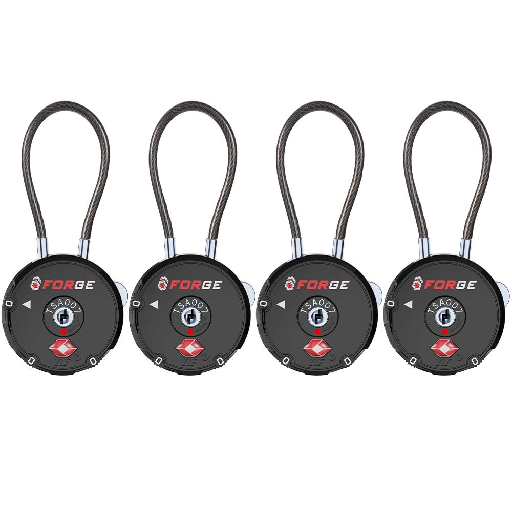Forge Quality TSA Approved Luggage Locks for Travel Accessories, Suitcase, Pelican case, Ammo Boxes, Set Your own Combination, Zinc Alloy Body-Cable Black 4 Locks