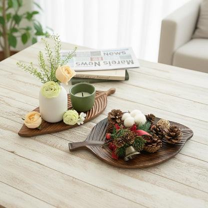 MIGAKU HOME Acacia Wood Leaf Design Serving Tray - Decorative Wooden Platter for Charcuterie, Cheese, Fruit, Kitchen Table Decor