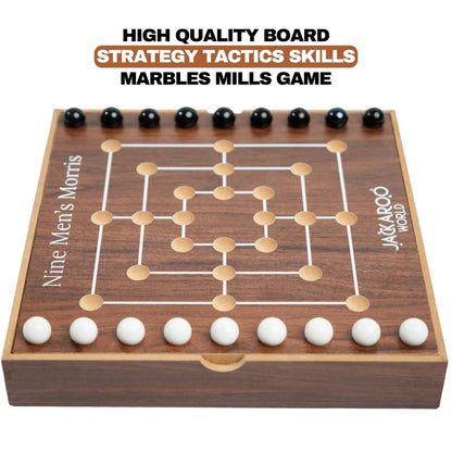 Jackaroo World Nine Mens Morris Board Game, Marble Strategy Game, Solid Wooden Game Set with 18 Marbles, 2 Player Games, Ancient Board Games, 9 Mens Morris Game Mill, Marble Board Game Wooden (Walnut)