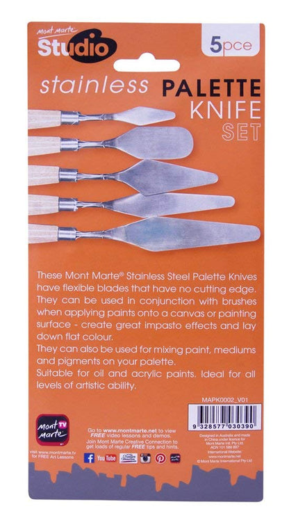 Mont Marte Studio Palette Knife Set, 5 Piece. Selection of Different Sizes and Styles of Stainless Steel Palette Knives.