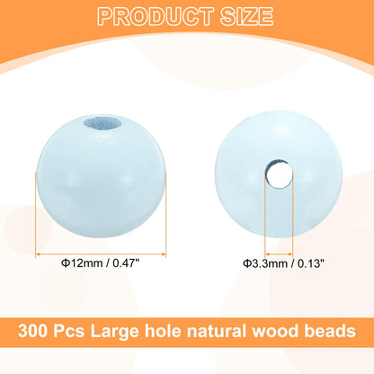 HARFINGTON 300pcs 12mm Light Blue Wood Beads 3.3mm Large Hole Round Wooden Loose Spacer Beads for Jewelry Making Necklace Bracelets DIY Crafts Macrame Handmade Decorations