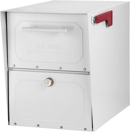 Architectural Mailboxes Oasis Classic Large High Security Parcel Mailbox, White | Galvanized steel build with a secure steel cam lock, magnetic door closure, and hopper delivery door. USPS approved.