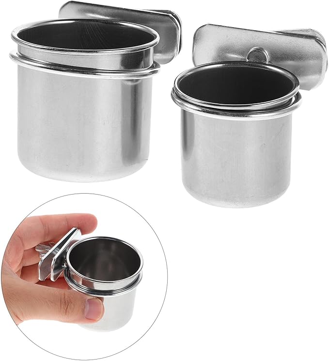 Abaodam 2pcs Stainless Steel Parrot Feeder Bowls with Clamp Holders, Cage Hanging Coop Cups 4.4cm and 5.5cm for Cockatiel Budgie Parakeet Bird Cage Feeding Supplies