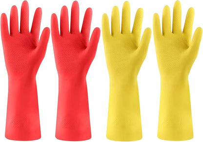 Rubber Kitchen Dishwashing Gloves - 4 Pairs Colorful Reusable Cleaning Gloves for Kitchen Washing Dishes and Household Cleaning(Large, Yellow+Red)