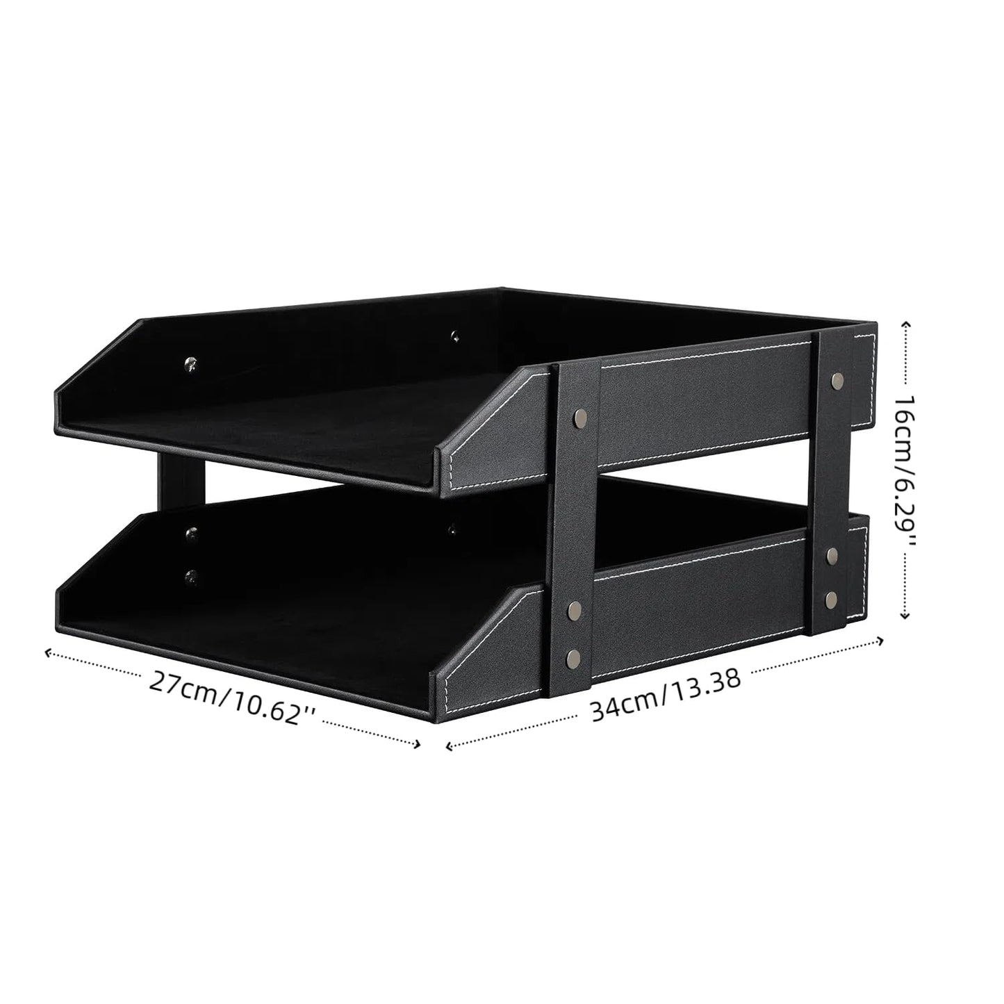 KINGFOM Letter Tray, Leather Paper Organizer Tray, Wooden Desk File Holder, Desktop File, Stackable Magazine Holder, Mail Sorter, Great for Home or Office - 2 Level Black