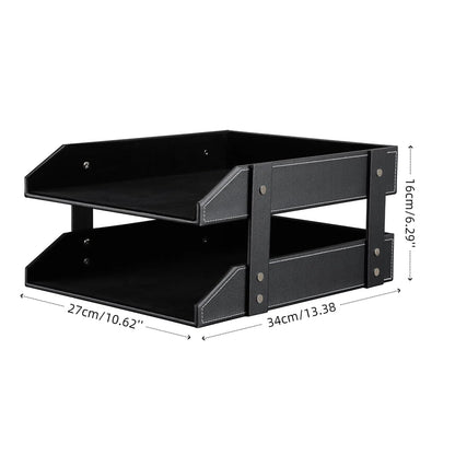 KINGFOM Letter Tray, Leather Paper Organizer Tray, Wooden Desk File Holder, Desktop File, Stackable Magazine Holder, Mail Sorter, Great for Home or Office - 2 Level Black