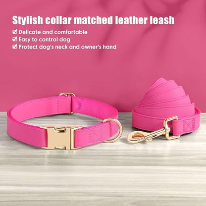 PET ARTIST Soft PU Leather Dog Collar and Leash Set, Bright & Stylish 5FT PU Leather Leash and Collar Set, Durable Pet Collars with Quick Release Metal Buckle for Medium Dogs,Hot Pink,M(13-19")