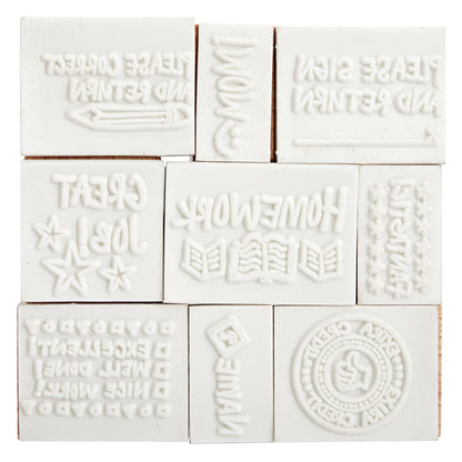 Blue Panda 9 Piece Set of Wooden Rubber Teacher Stamps - Classroom Supplies for Grading Homework and Teacher Supplies (Assorted Sizes Rubber Stamps)