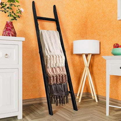 Decorative Foldable Wooden Blanket Ladder with Hooks, 6-Tier Pine Wood Quilt Ladder 68" — Easy Assembly, Anti-Slip, Farmhouse Decor Rack Stand for Living Room, Bedroom Bathroom (Black)