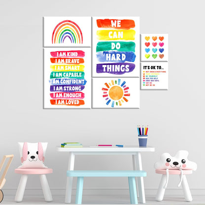 Kids Affirmation Wall Decor,Colourful Positive Daily Affirmations Wall Art Canvas Frame Poster Print for Kids Bedroom Nursery Classroom Playroom Wall Decor,Set of 6