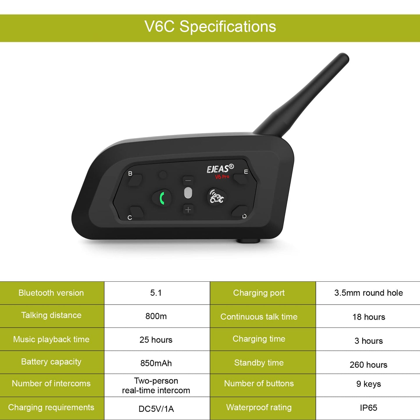 EJEAS V6C Referee Bluetooth Intercom, 2-Way 1200M Professional Referee Headset Communication System with Armband and Right Earpiece for Football and Handball Sports (2PCS)