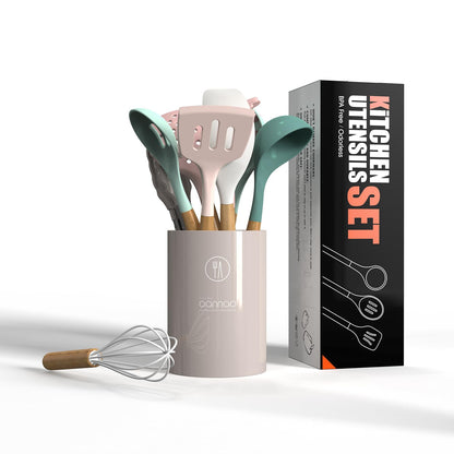 oannao Silicone Cooking Utensils Set - 446°F Heat Resistant Silicone Kitchen Utensils for Cooking,Kitchen Utensil Spatula Set w Wooden Handles, BPA FREE Gadgets for Non-Stick Cookware (Colorful)